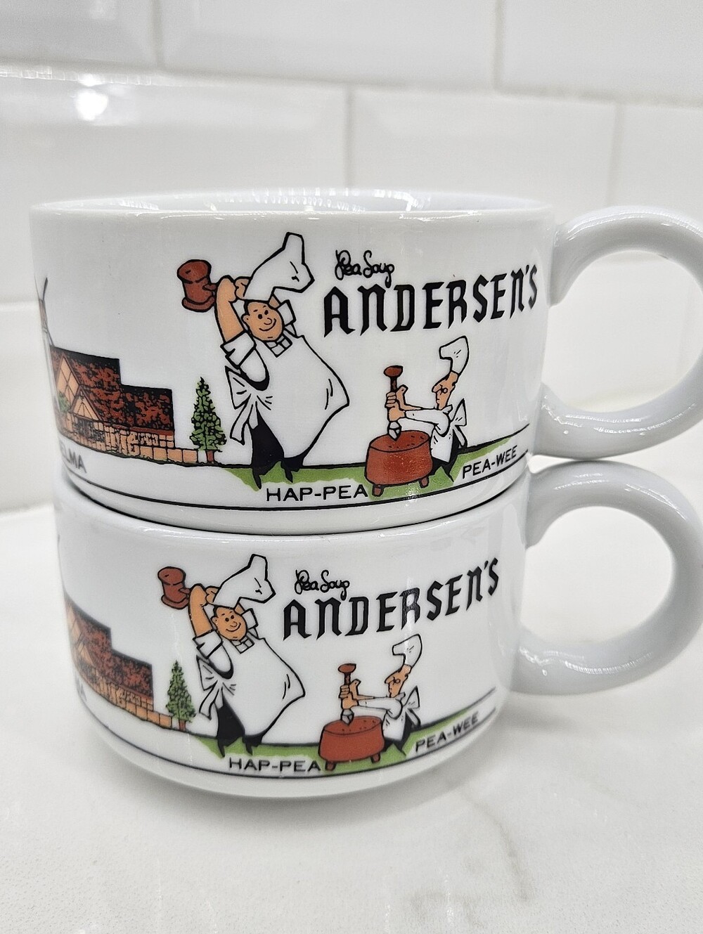 VTG Pea Soup Andersen's Restaurant Handled Bowl Mug Cup Buellton Set of 2